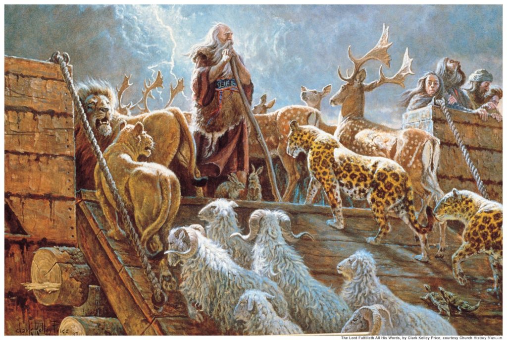 Ной и его семья готовятся отплыть на ковчеге со всеми животными